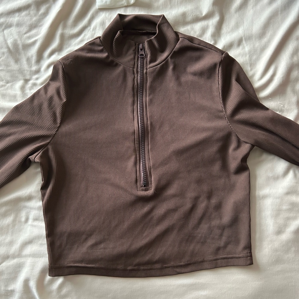 Brown Ribbed Zip-Up Top - Picture 2 of 2